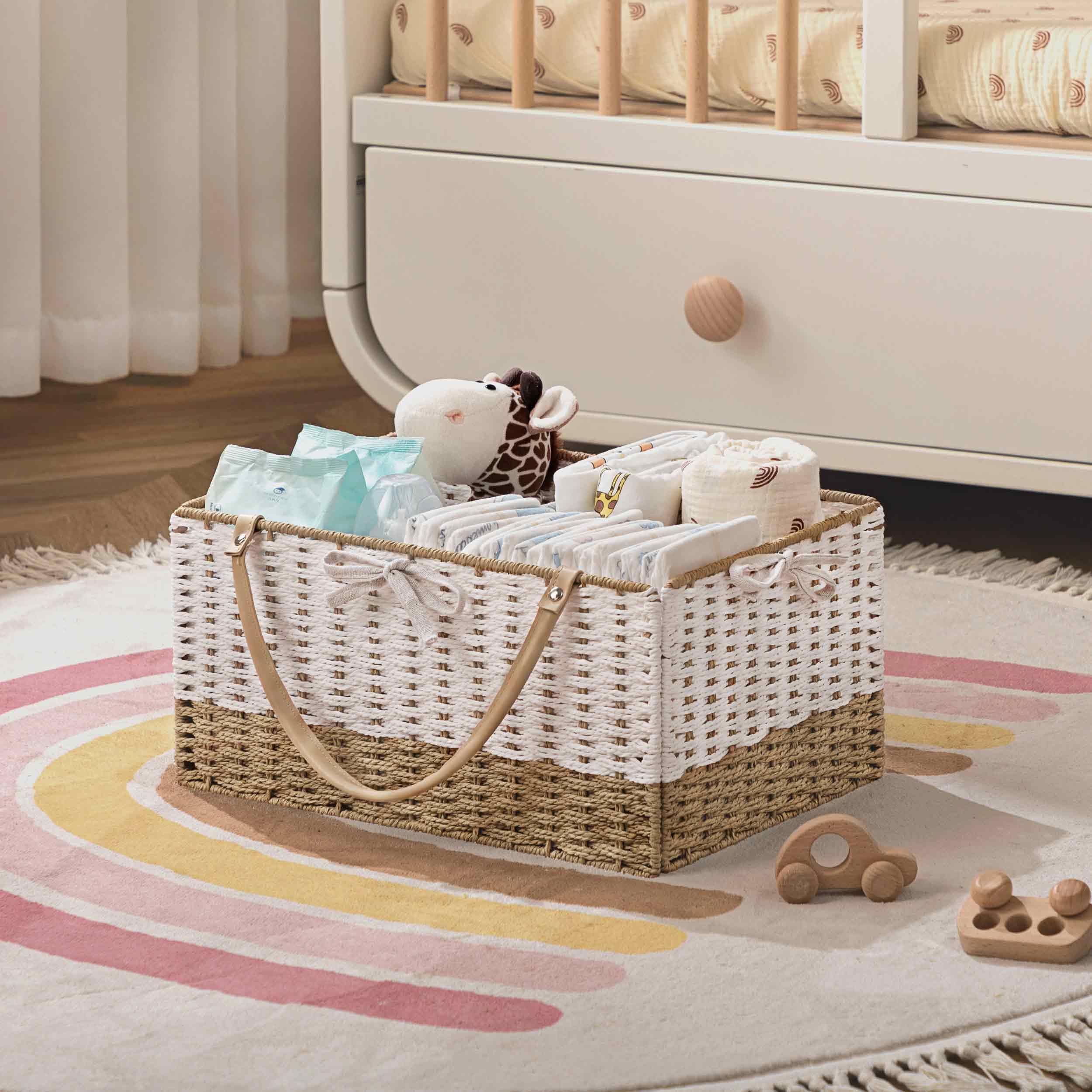 HBlife Diaper Caddy Organizer white and brown colorway adds modern style to any nursery.