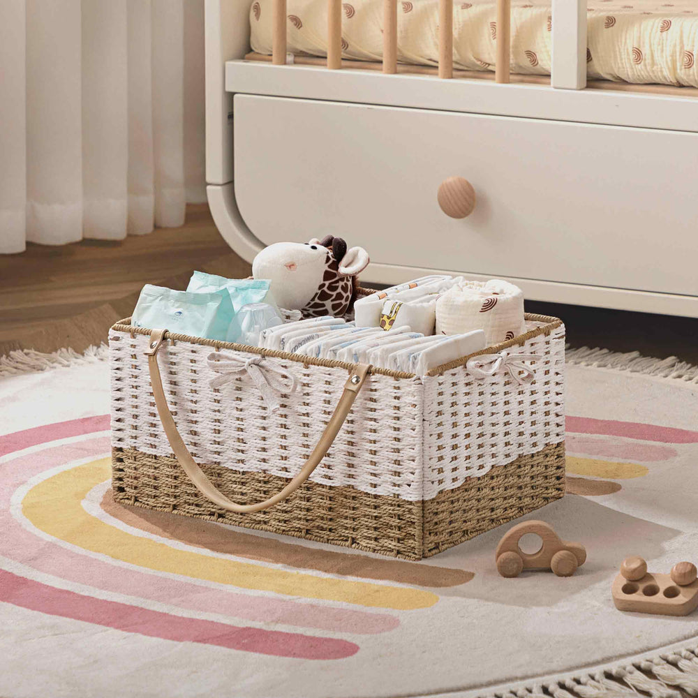 HBlife Diaper Caddy Organizer white and brown colorway adds modern style to any nursery.