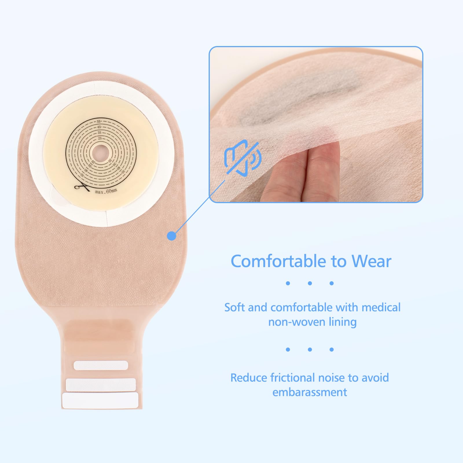 Heagimed colostomy bag cut-to-fit design supports 20–60mm stoma sizes.