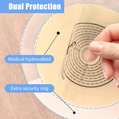 Cut-to-fit barrier with stoma measurement card for precise sizing.