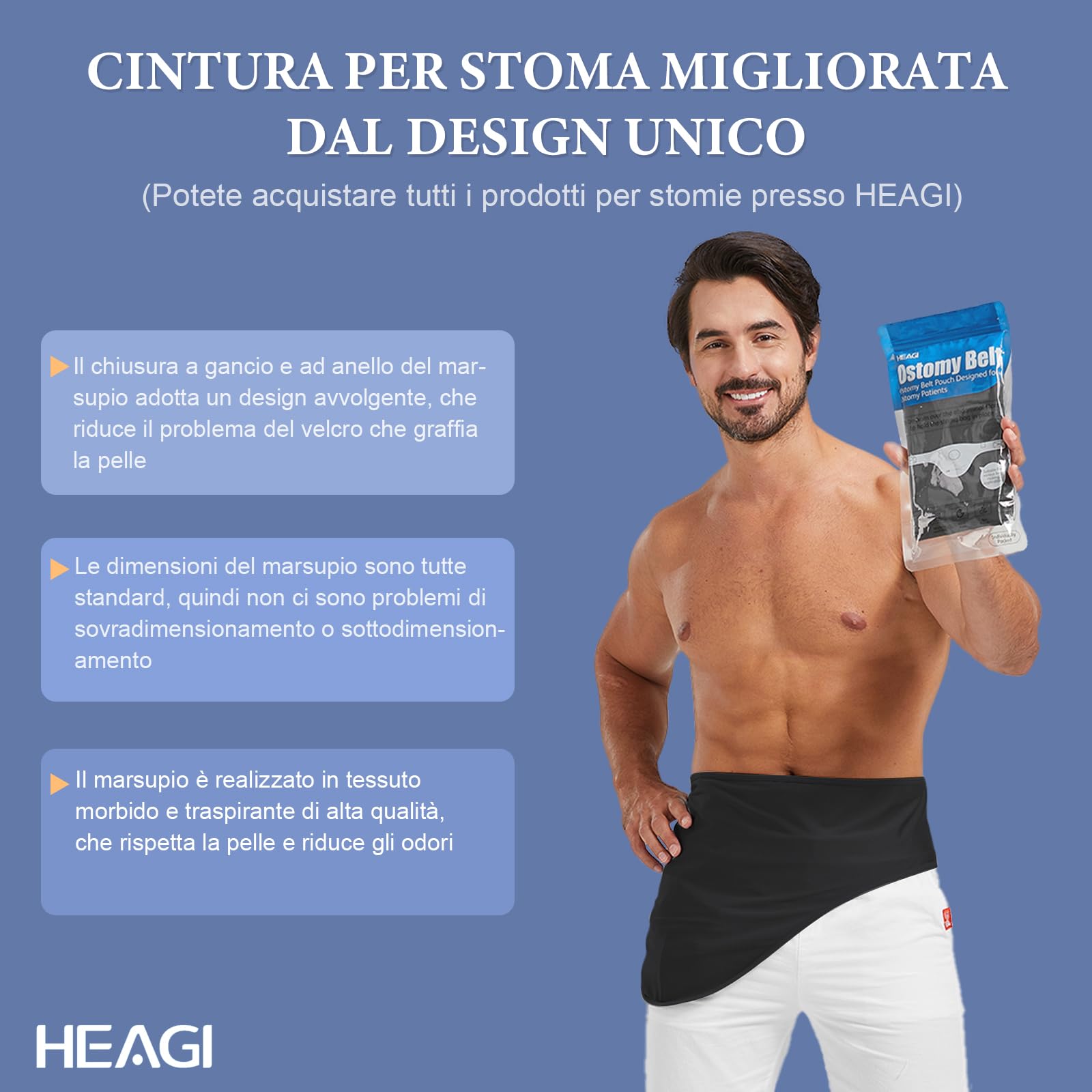 Five sizes of Heagimed ostomy belt fit a range of body types and bags.
