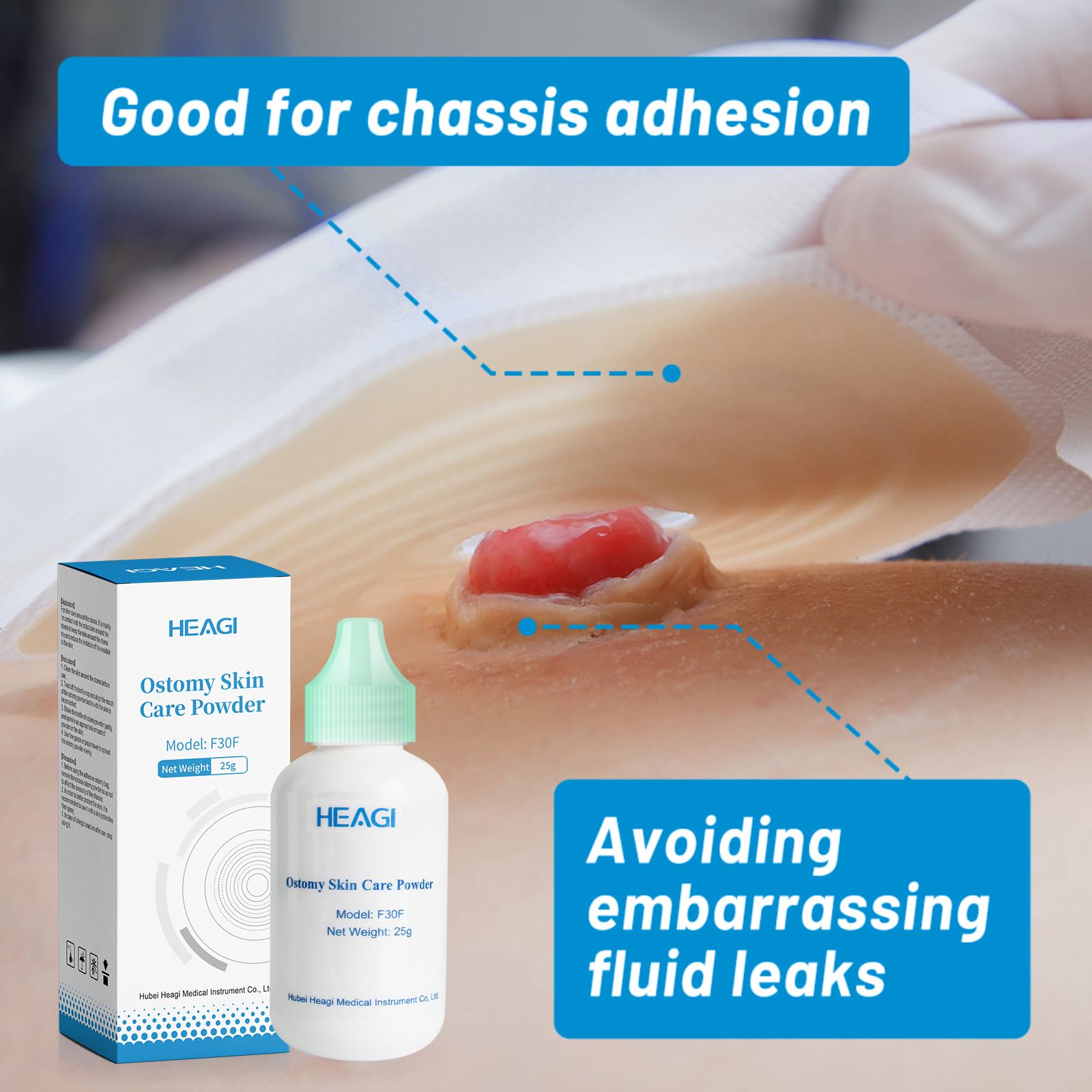 Compact packaging of Heagimed stoma powder for travel and daily ostomy care.