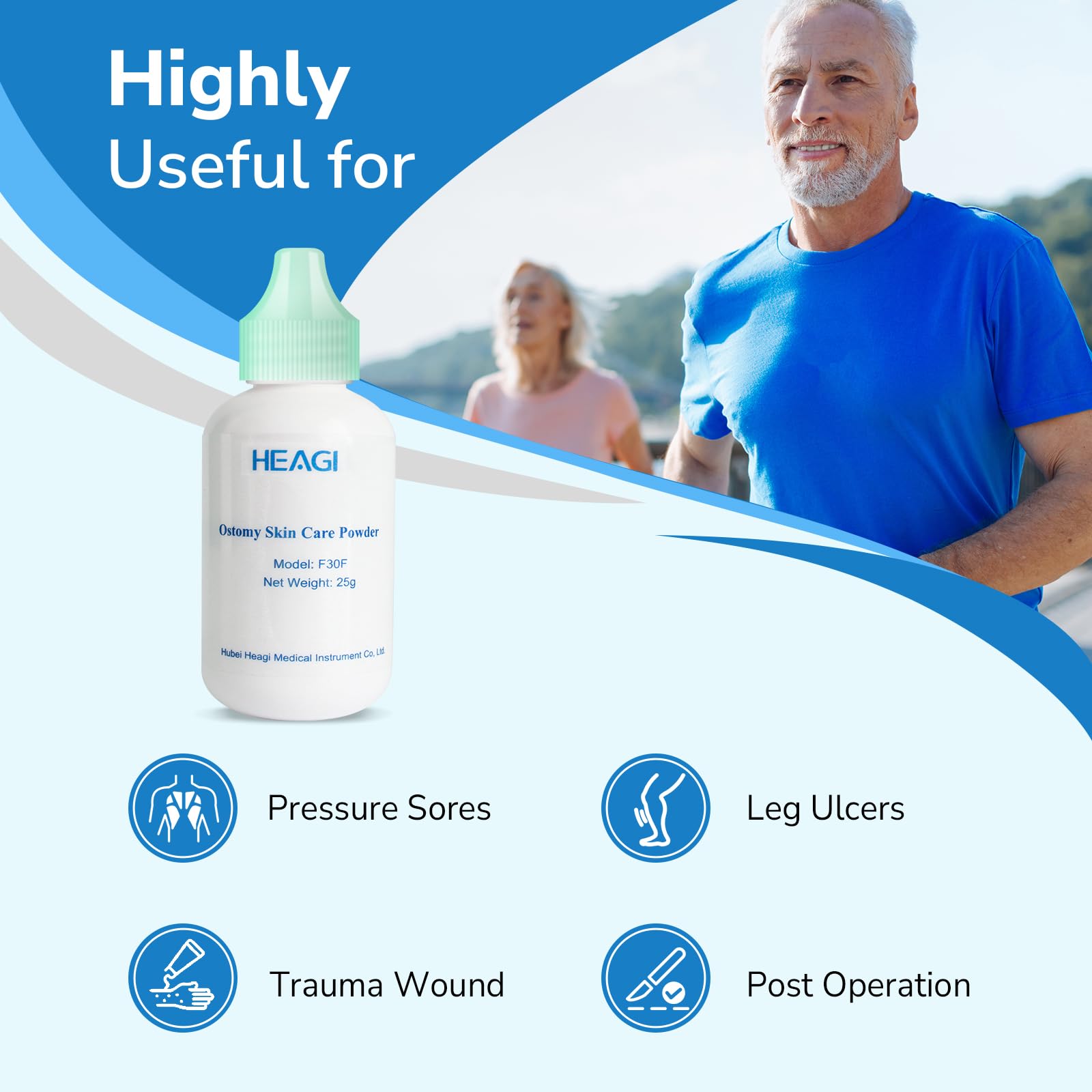 Heagimed stoma powder protects skin around the stoma with a soft barrier.
