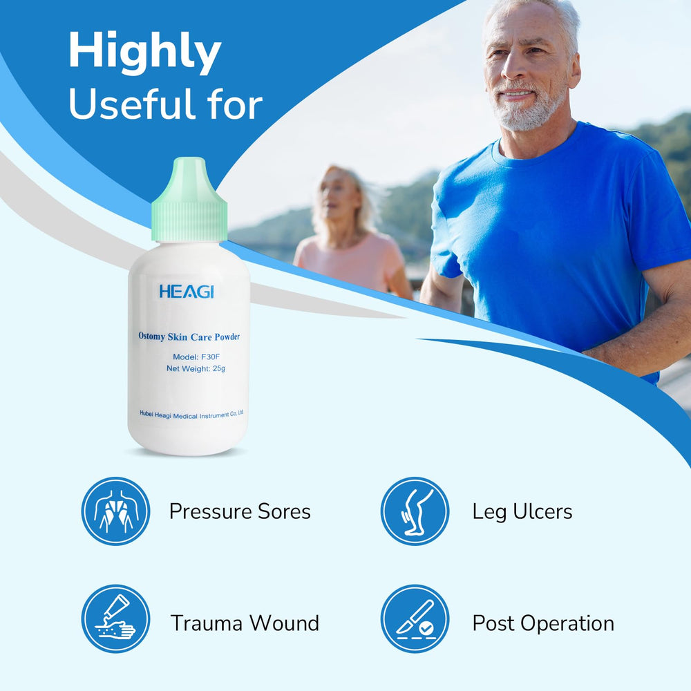 Heagimed stoma powder protects skin around the stoma with a soft barrier.