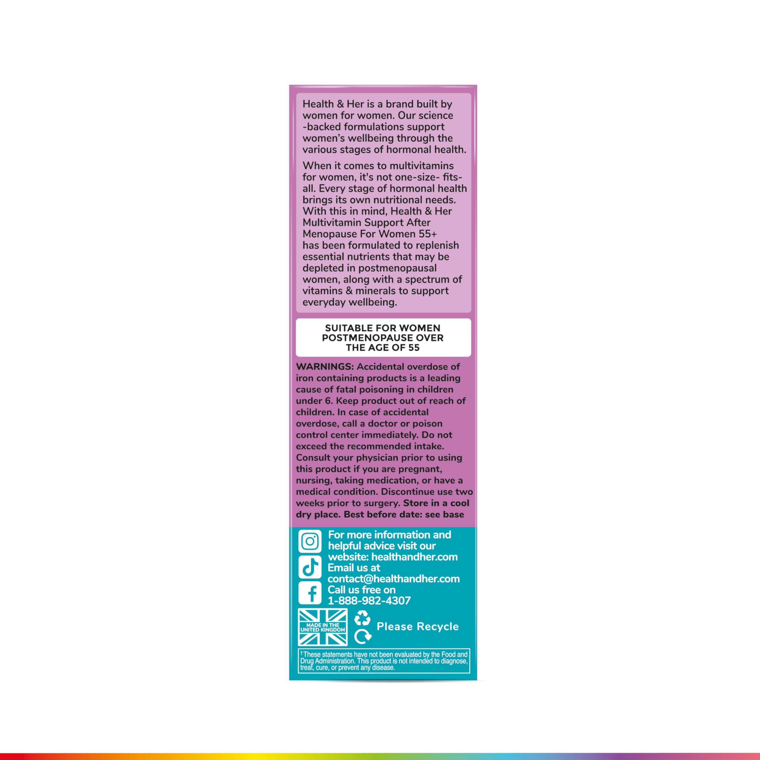 Health and Her ingredients highlight calcium, iron, and folic acid.