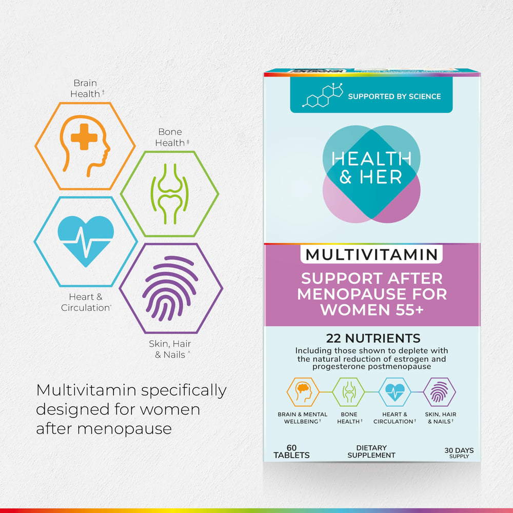 Health and Her lifestyle scene shows a woman taking a daily supplement.