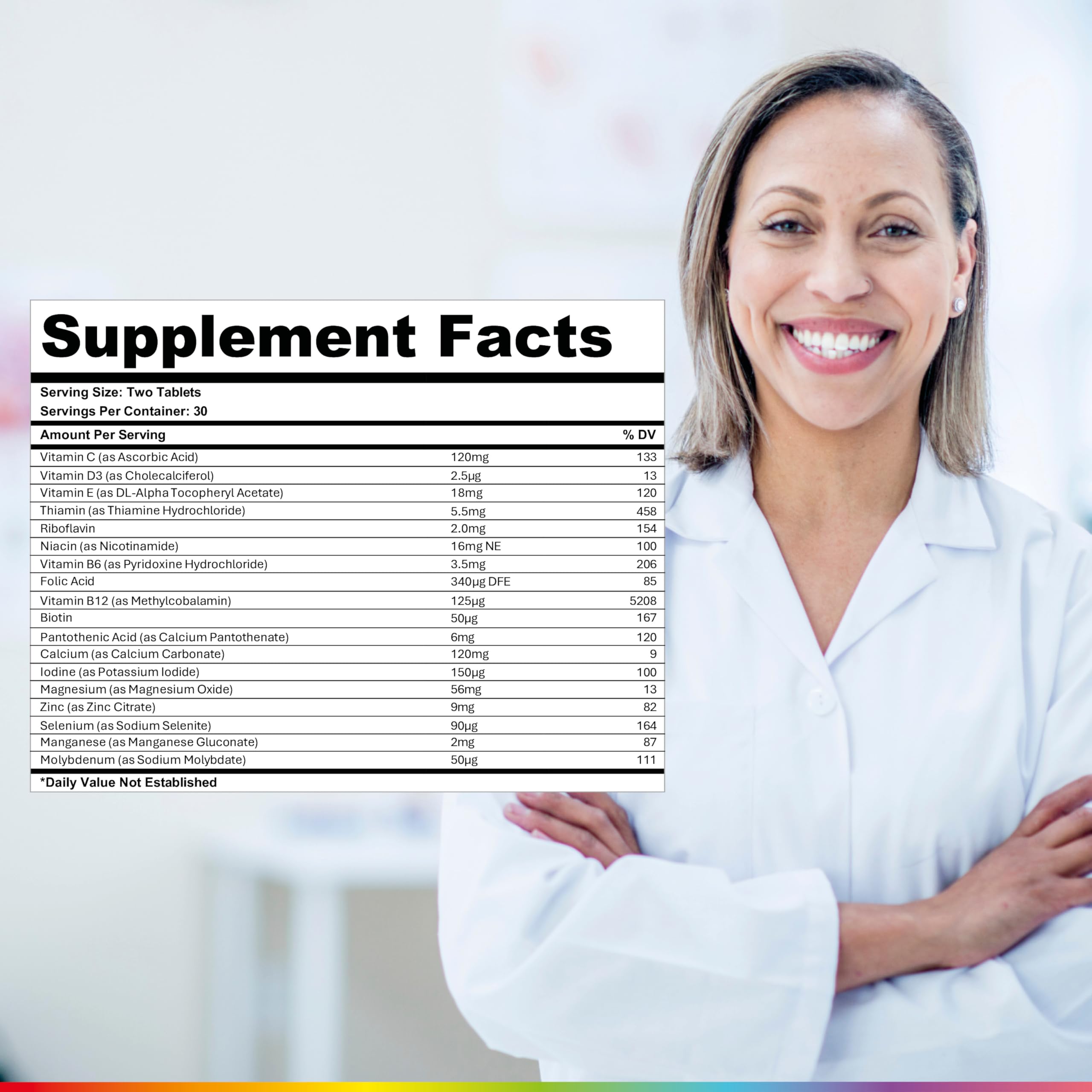 Health and Her nutrition label close-up with essential vitamins and minerals.