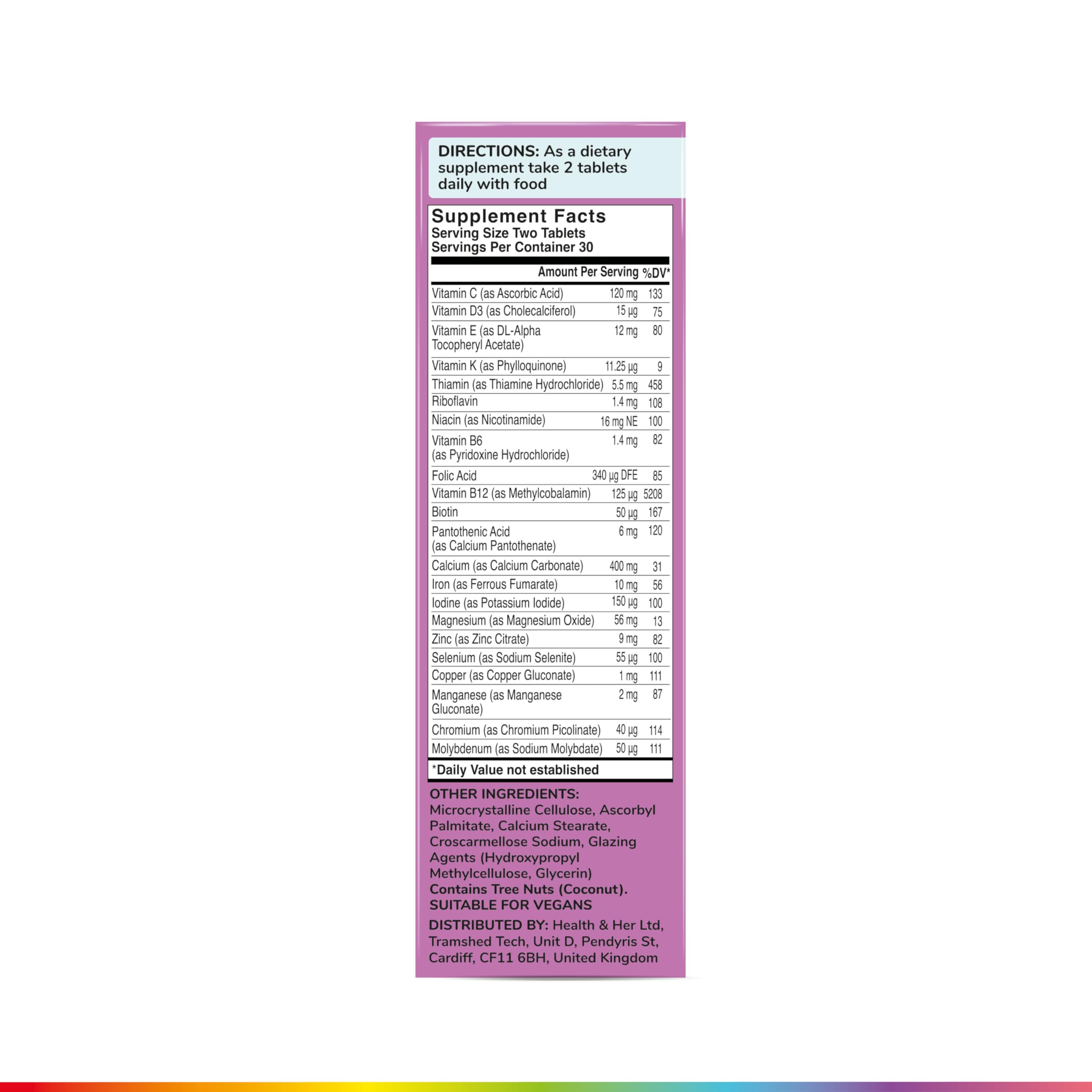 Health and Her label highlights taking with food for best results.