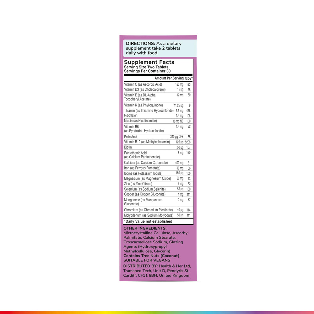Health and Her label highlights taking with food for best results.