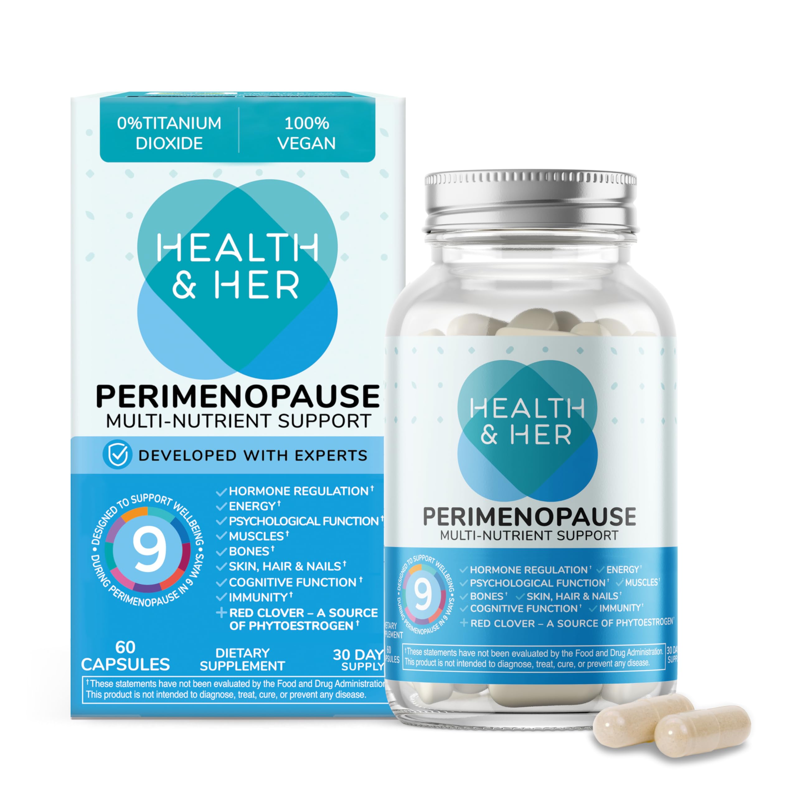 Health and Her perimenopause bottle: vegan multi-nutrient support for early menopausal changes.