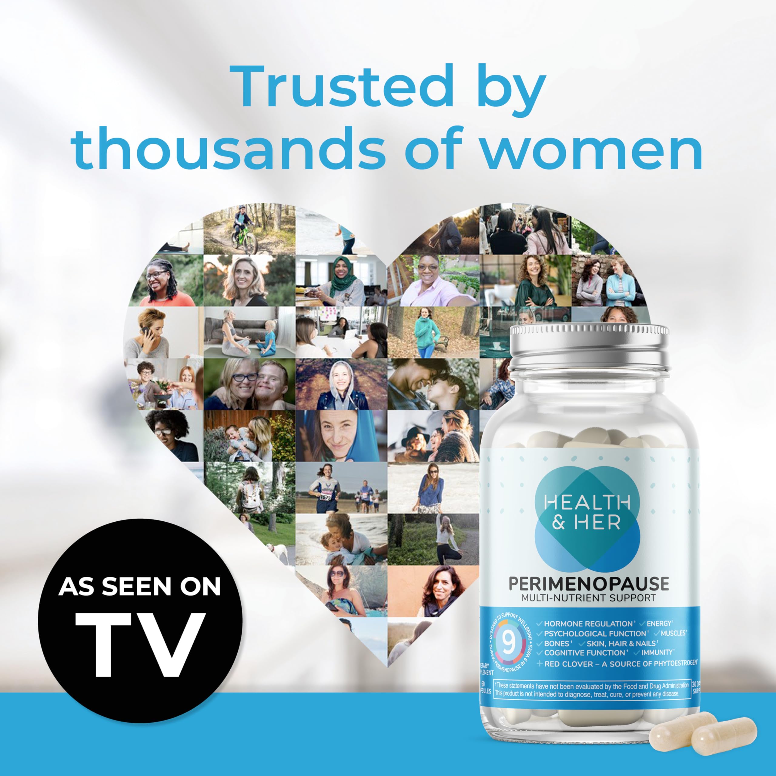 Health and Her perimenopause capsules close-up, easy daily intake for energy and mood.