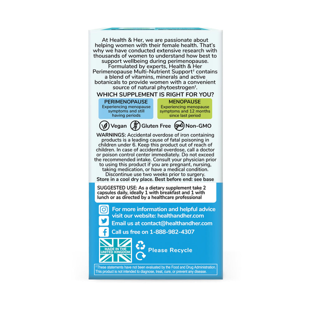 Health and Her perimenopause ingredients label close-up, non-GMO and cruelty-free.