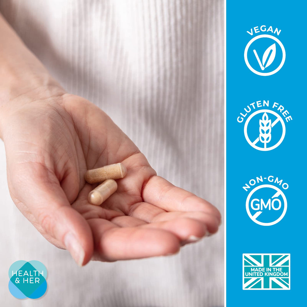 Health and Her perimenopause packaging, vegan and gluten-free promise.