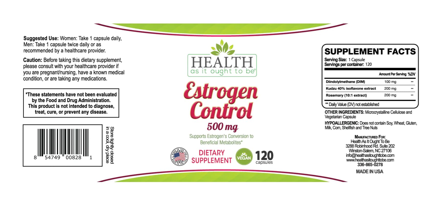 Health As It Ought To Be Estrogen Control label highlights quality and natural blend.