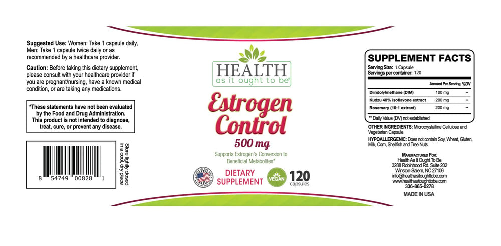 Health As It Ought To Be Estrogen Control label highlights quality and natural blend.