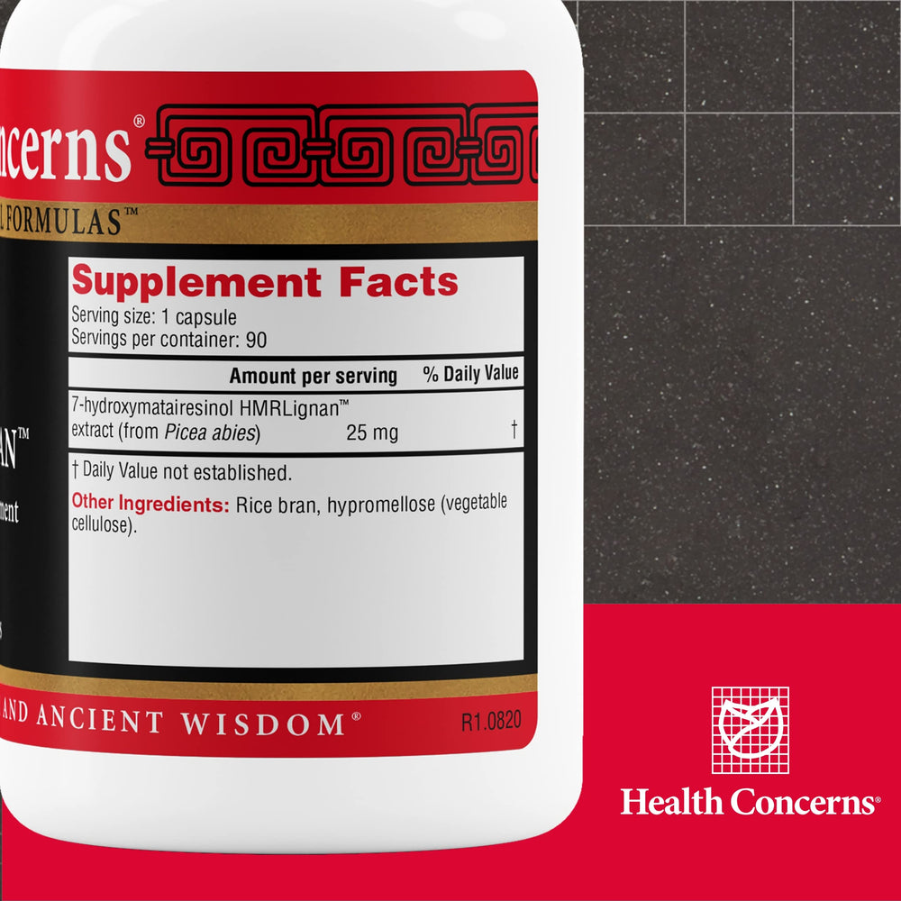Health Concerns NuLignan bottle label close-up highlighting estrogen metabolism support