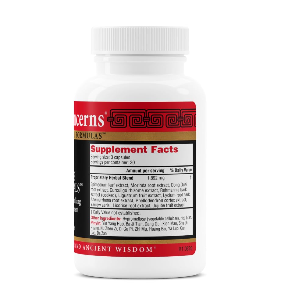 Health Concerns Three Immortals bottle on shelf highlighting herbal blend for symptom management.