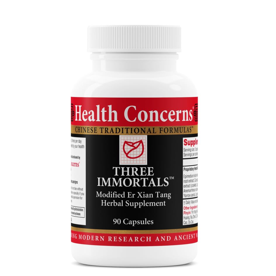 Health Concerns Three Immortals ingredient list highlighting dong quai and botanicals for balance.