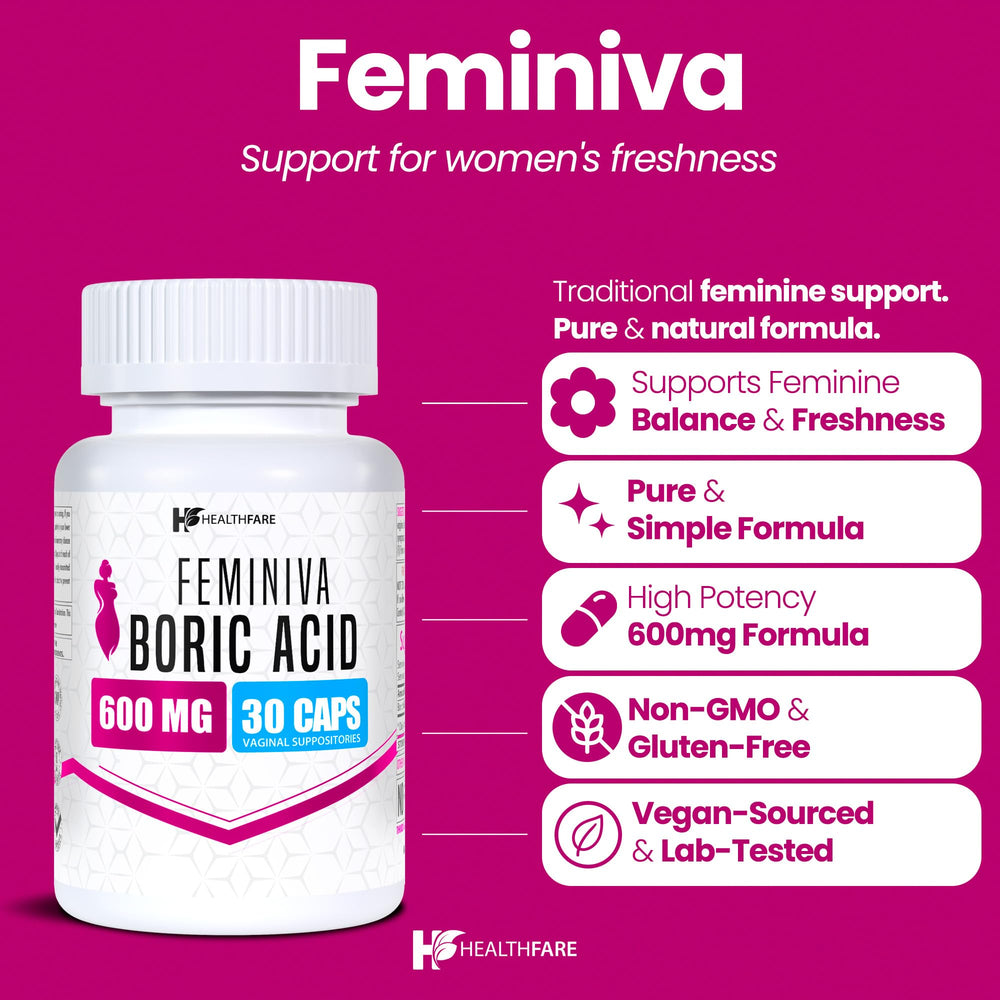 Healthfare Feminiva boric acid suppositories close-up highlights texture.