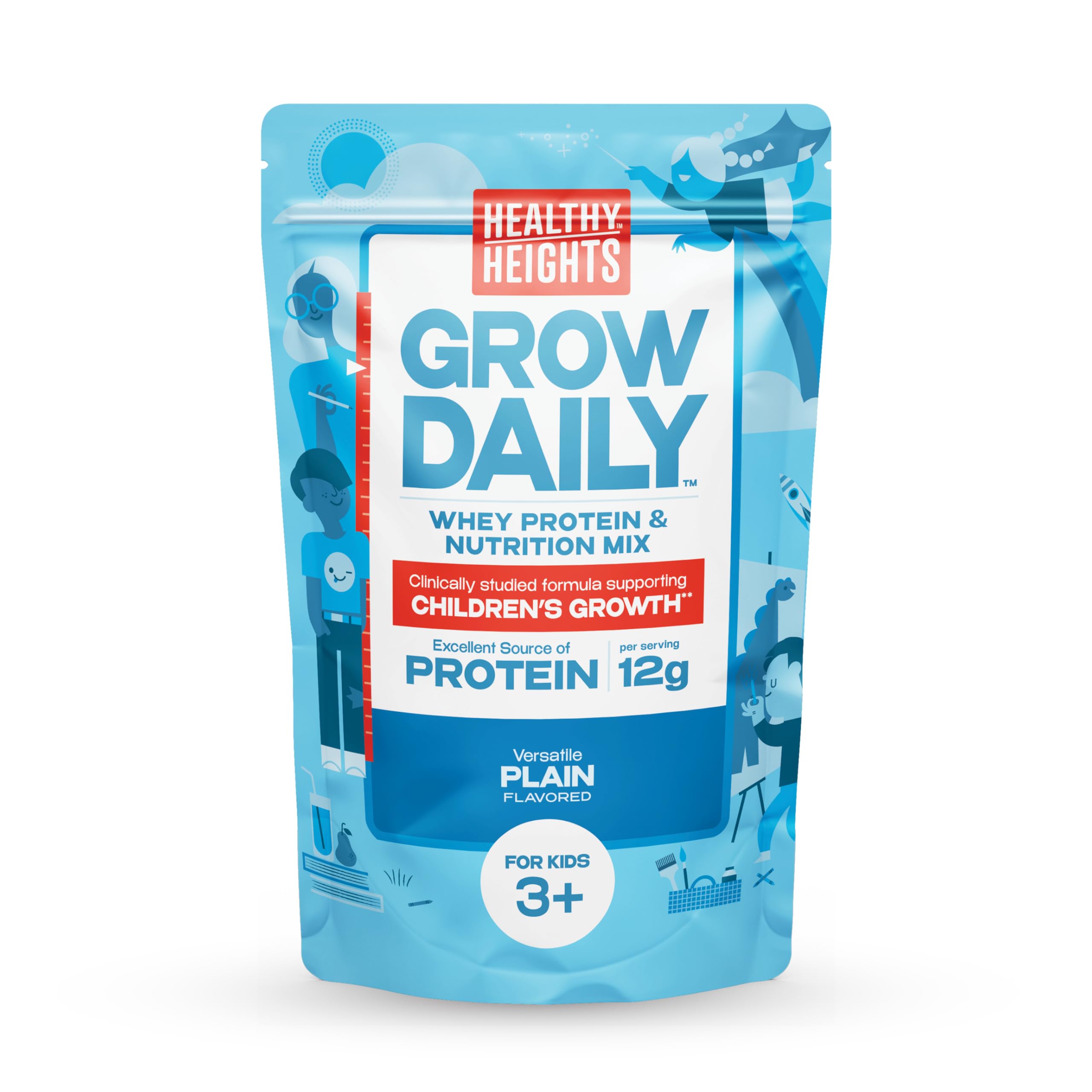 Healthy Heights Grow Daily bag of plain protein mix for kids 3+ offering convenient nutrition