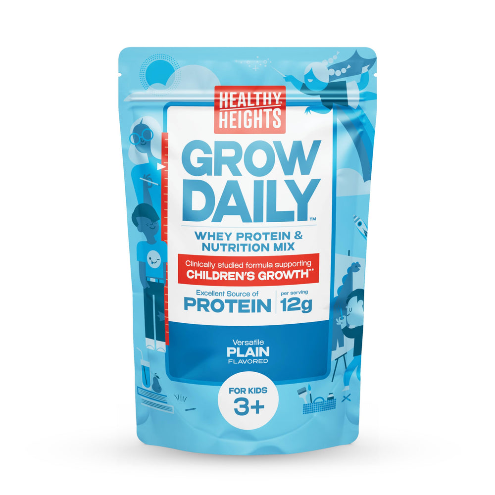 Healthy Heights Grow Daily bag of plain protein mix for kids 3+ offering convenient nutrition