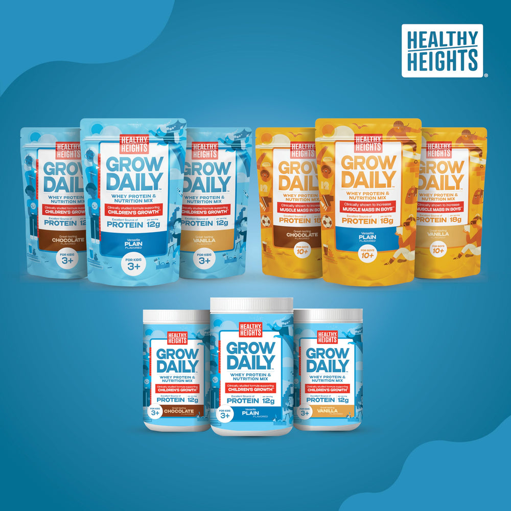 Nutrition label on Healthy Heights Grow Daily plain mix showing 12 g protein per serving
