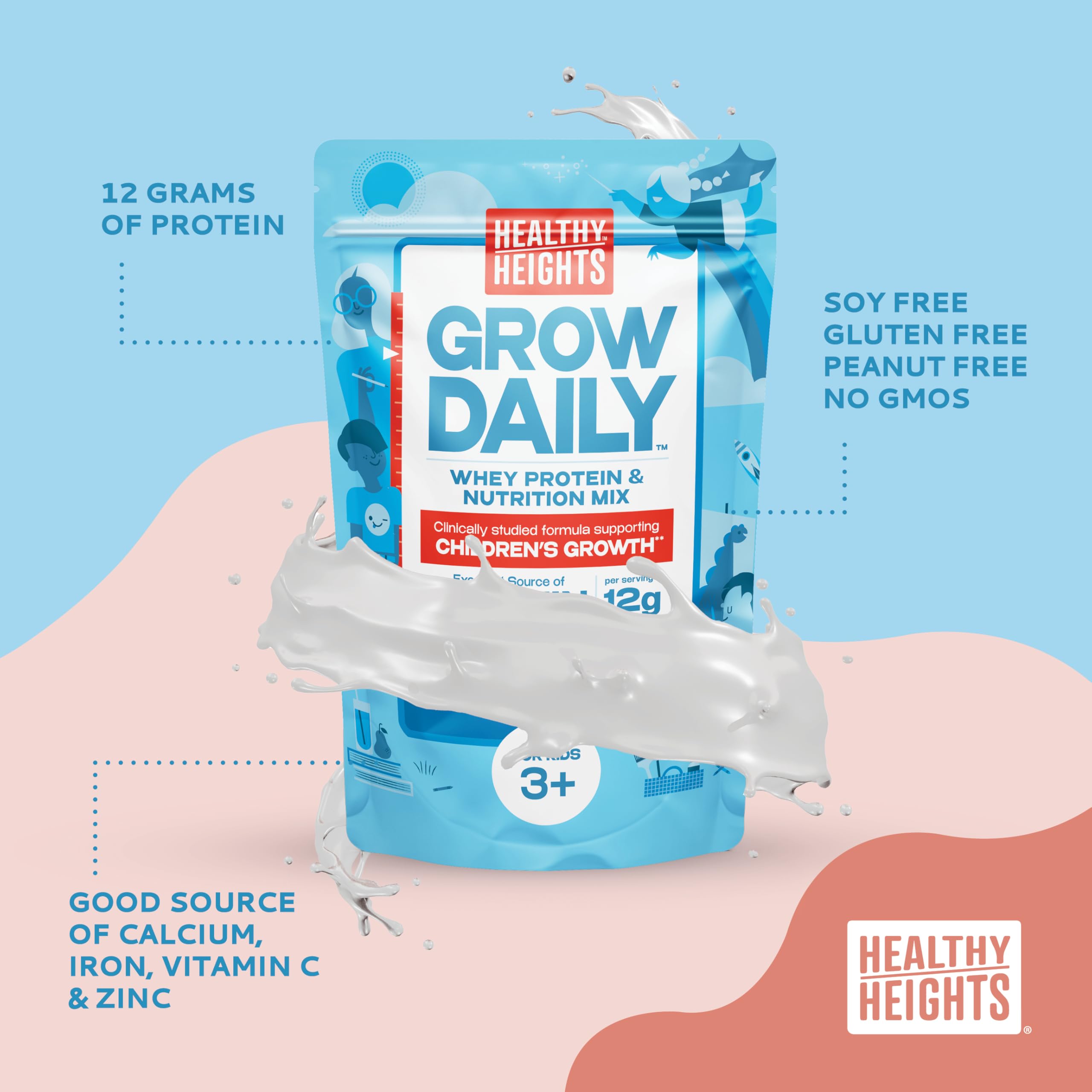Pouring Healthy Heights Grow Daily plain powder into a glass for a neutral-tasting shake