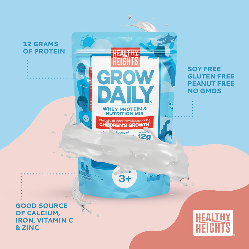 Pouring Healthy Heights Grow Daily plain powder into a glass for a neutral-tasting shake