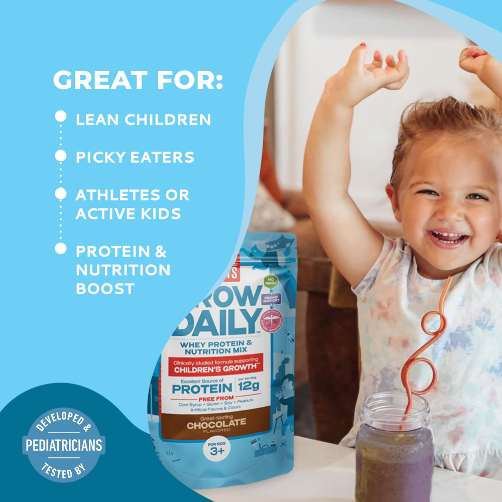 Healthy Heights Grow Daily protein powder closeup shows 12g whey protein.