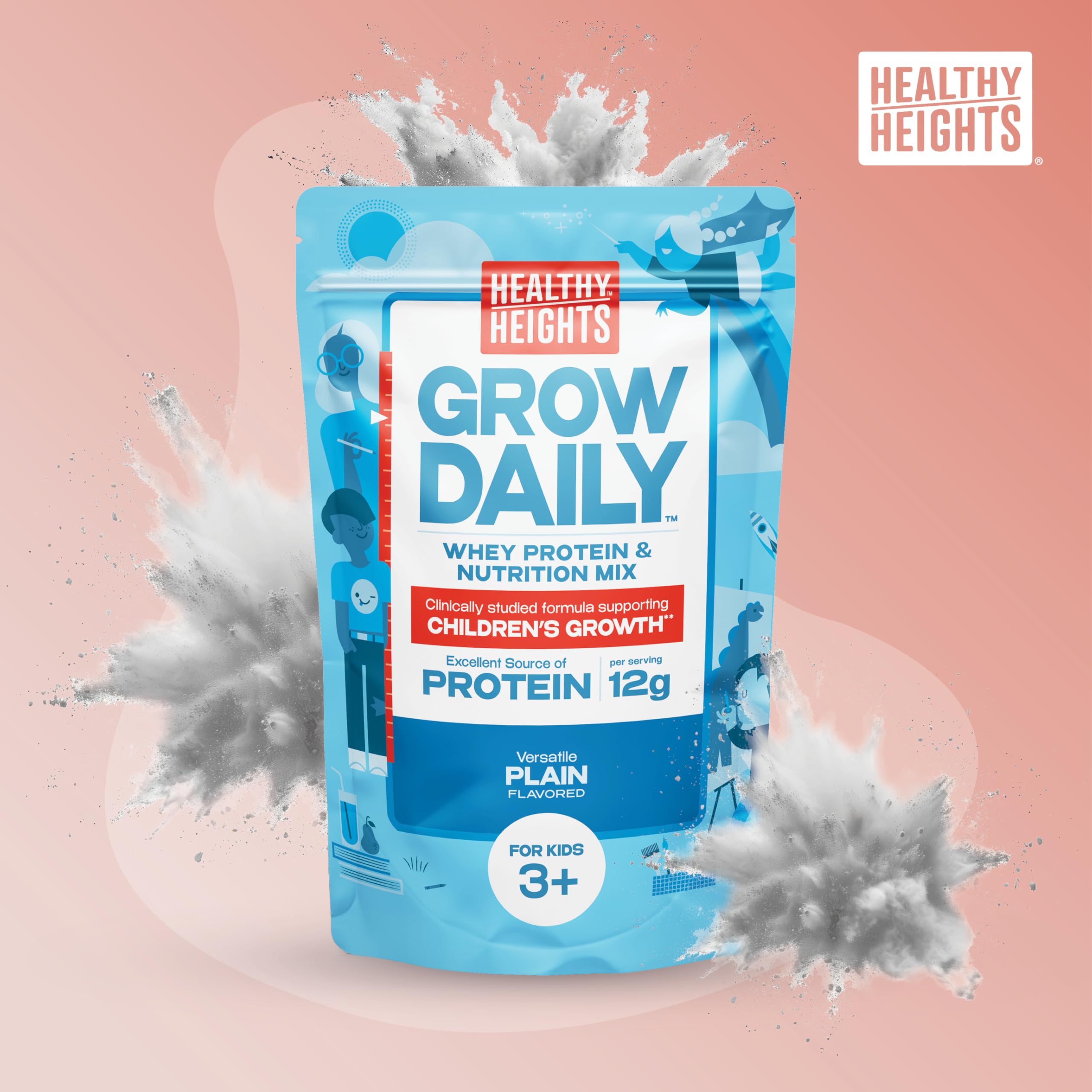 Healthy Heights Grow Daily scoop beside plain protein powder for easy portioning