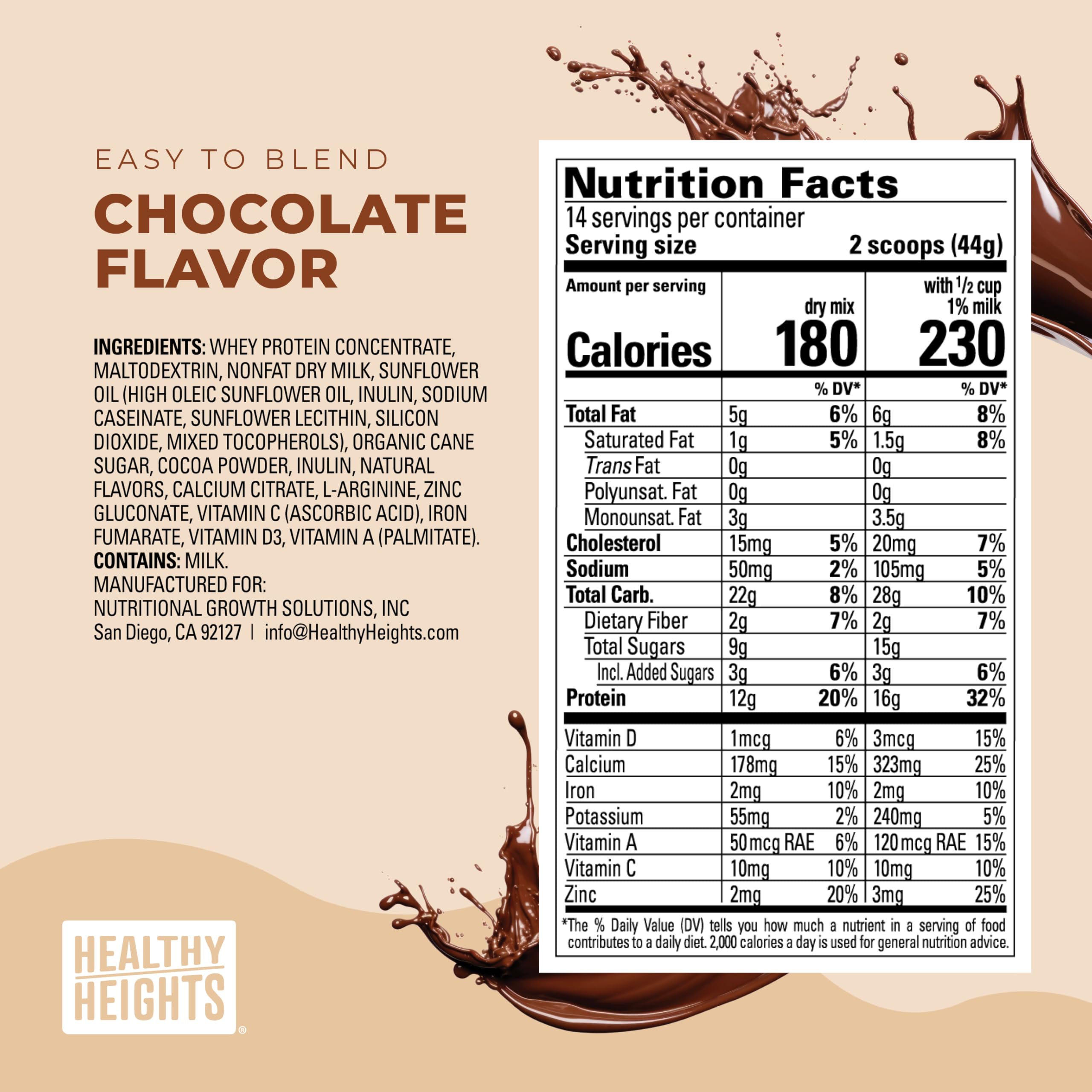 Healthy Heights Grow Daily chocolate shake glass for active kids.