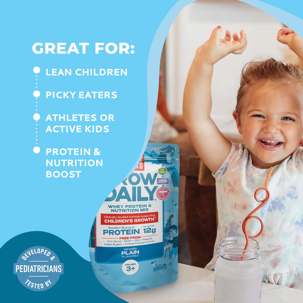 Healthy Heights Grow Daily shake in a glass with smooth, flavor-neutral mix for meals