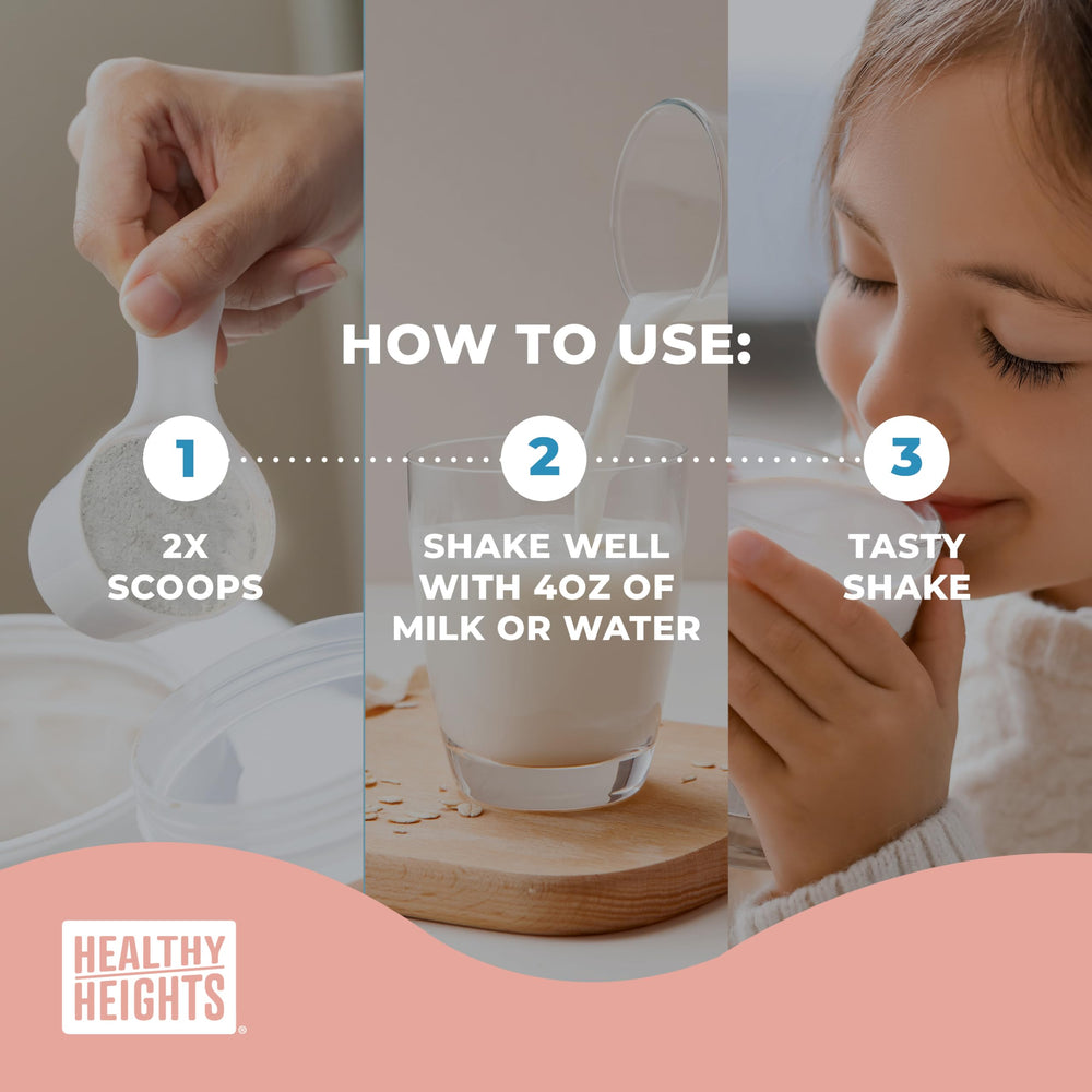 Close-up of whey protein powder and nutrition panel from Healthy Heights Grow Daily plain mix