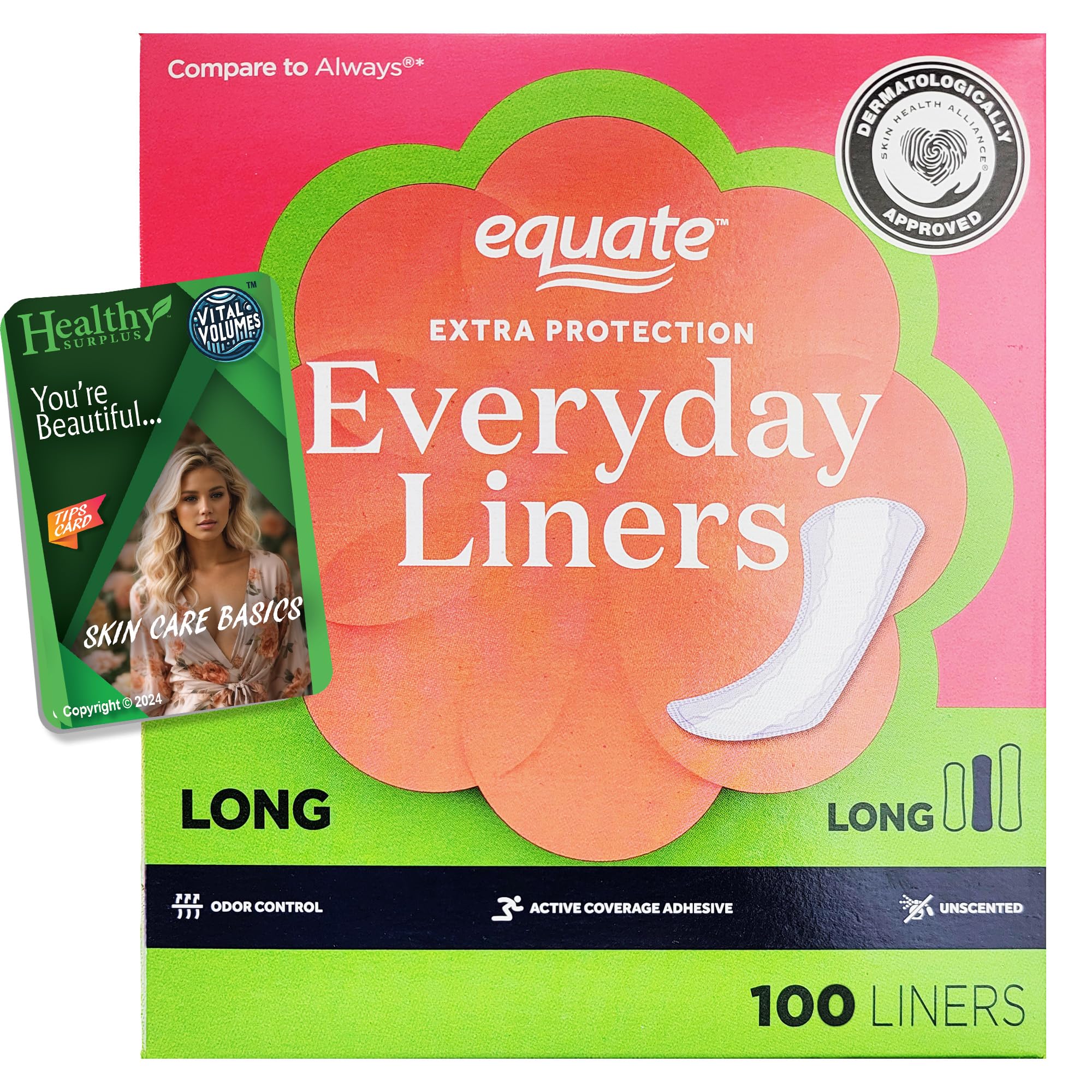 Healthy Surplus Equate Everyday Liners long 108-pack cover shows discreet daily protection.