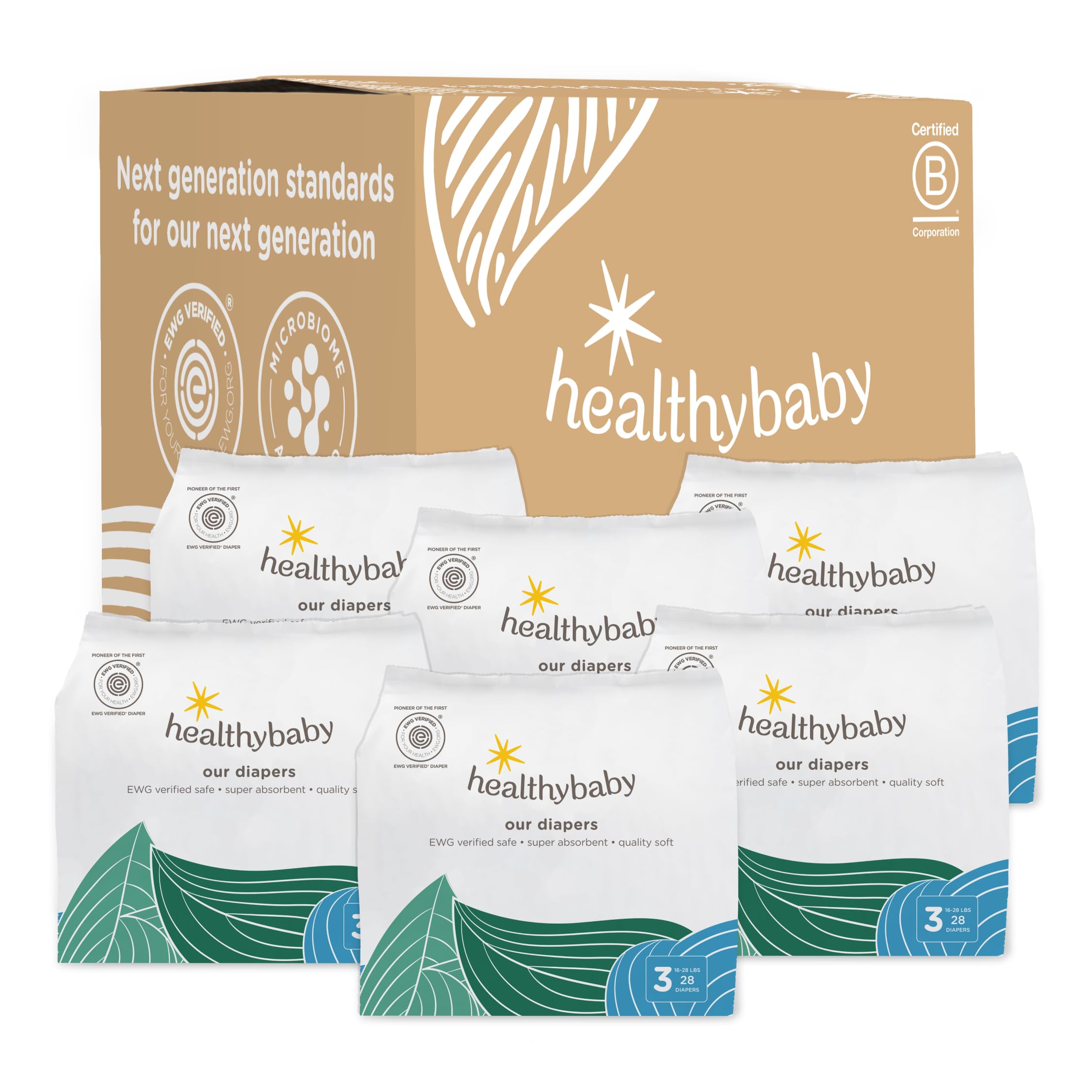 Healthybaby Our Diapers 168 count box with EWG Verified seal for safer baby care.