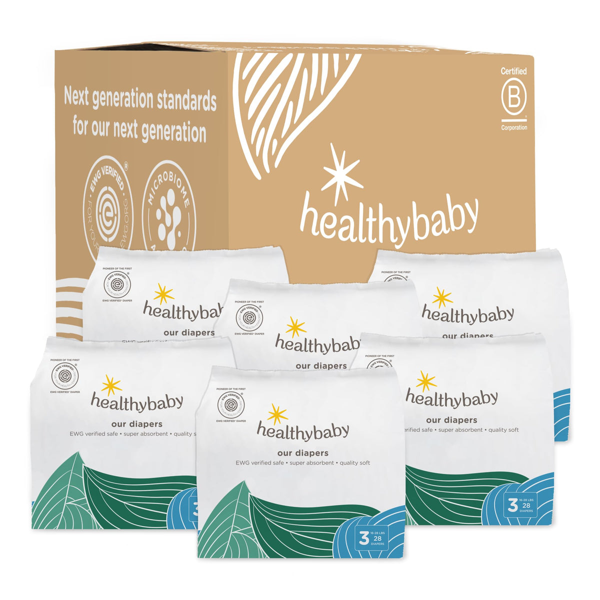 Healthybaby Our Diapers 168 count box with EWG Verified seal for safer baby care.