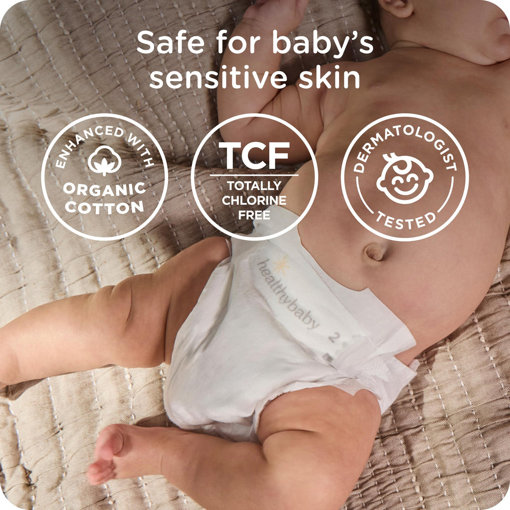 Healthybaby Totally chlorine-free diaper signals gentle, chemical-free materials.