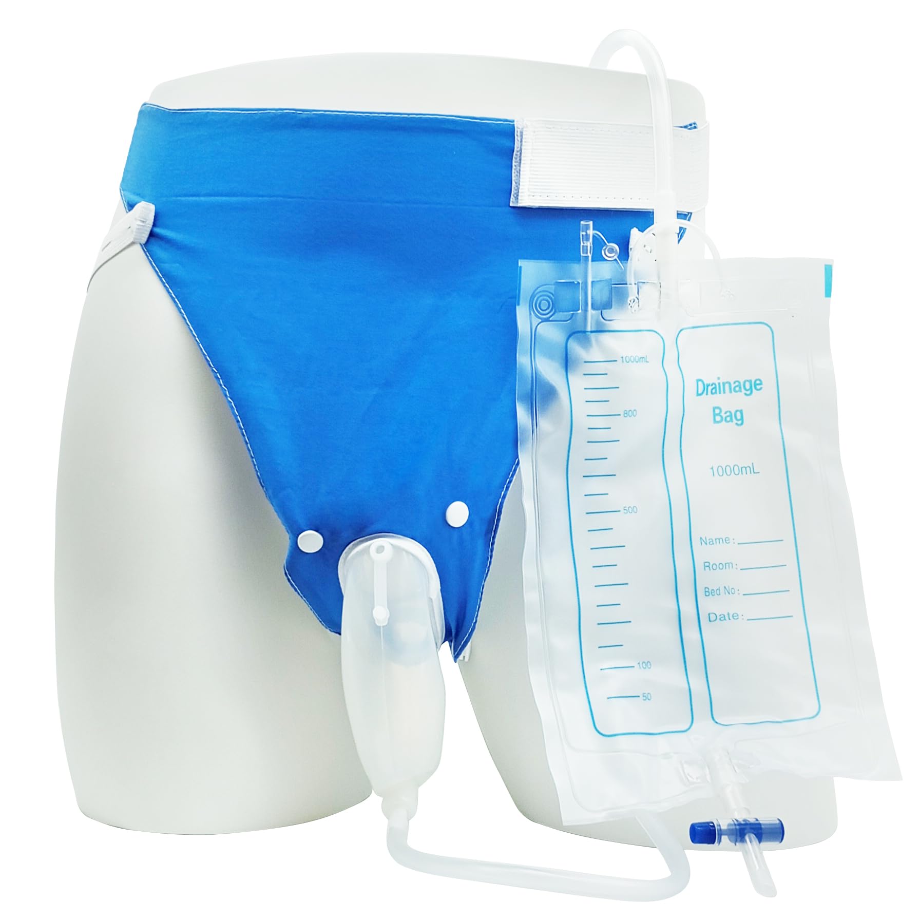 Healva urine collector bag front view with discreet blue design.