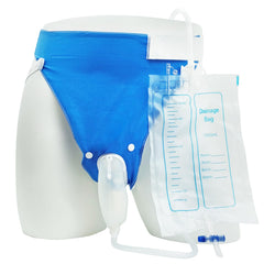 Healva urine collector bag front view with discreet blue design.