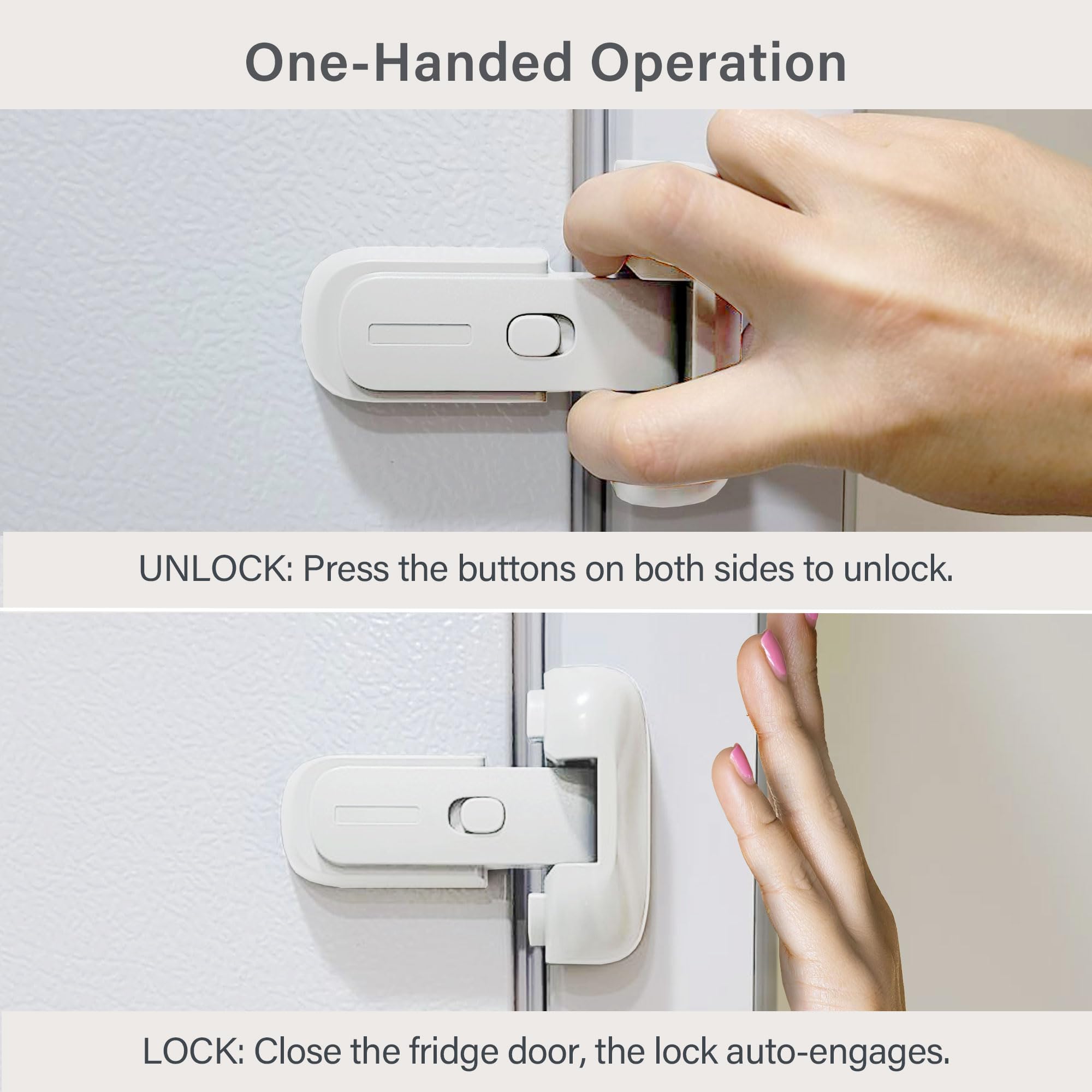 Heart of Tafiti fridge lock with one-handed operation demonstrated.