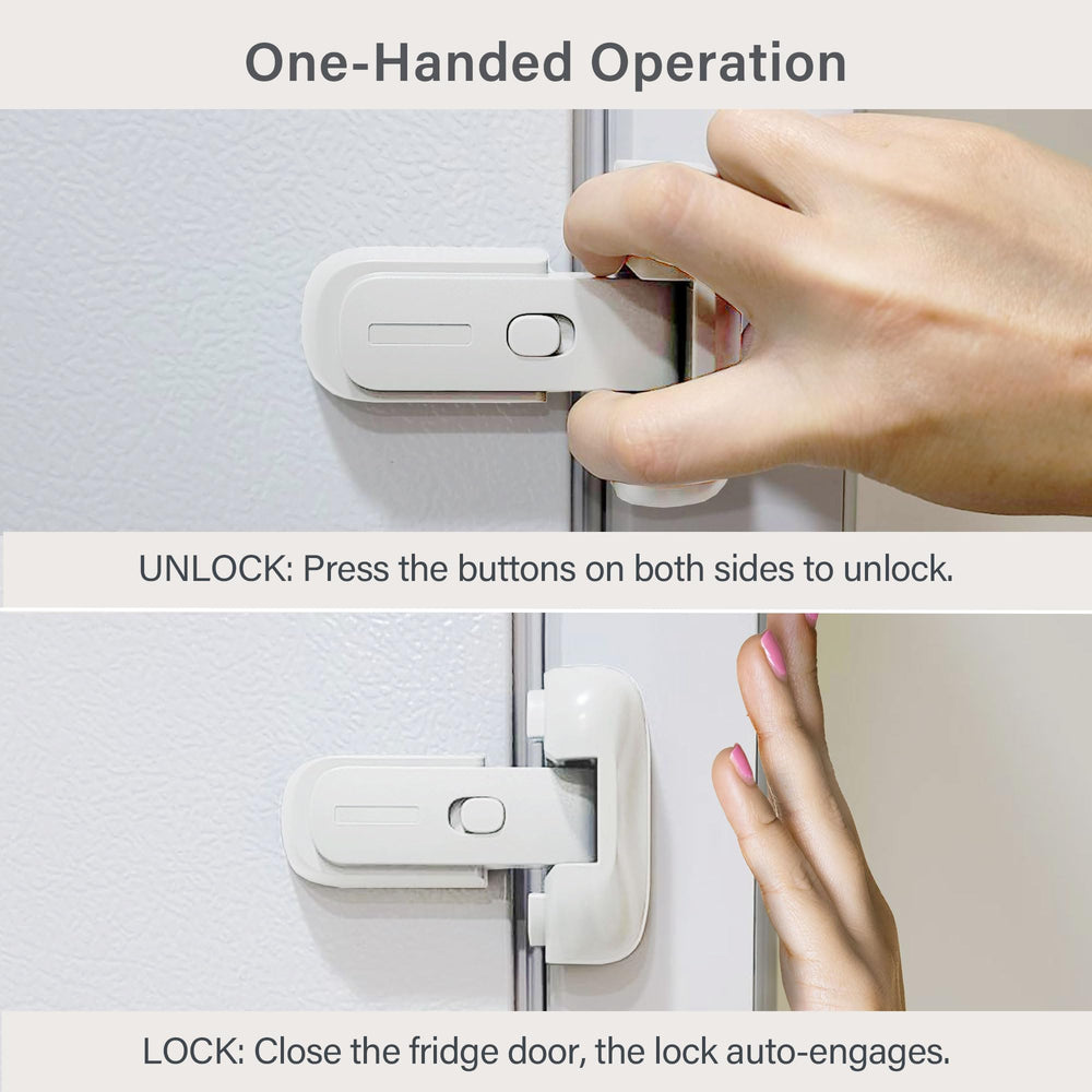 Heart of Tafiti fridge lock with one-handed operation demonstrated.