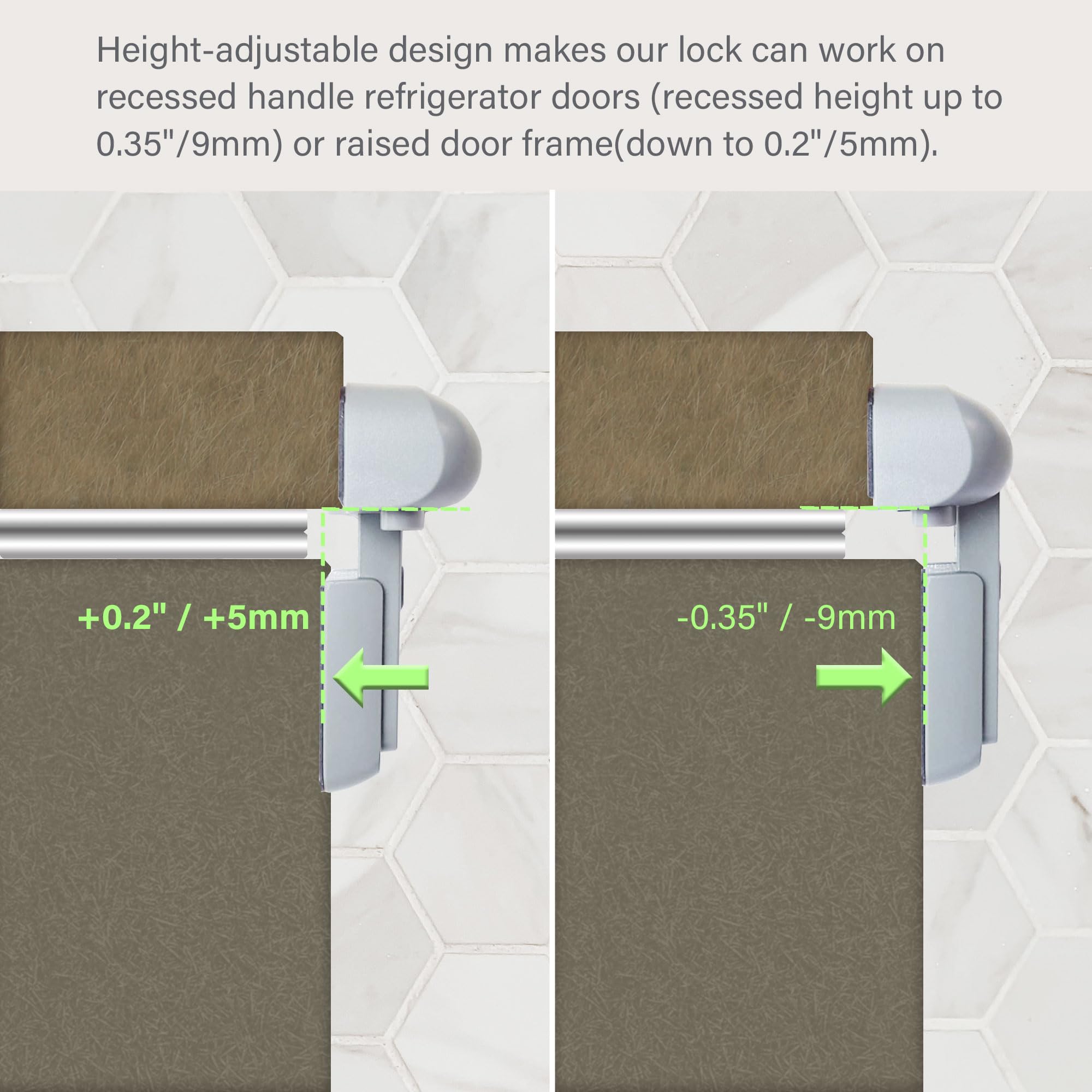 Heart of Tafiti fridge lock on recessed-handle fridge demonstrating compatibility.