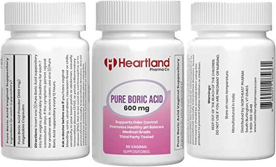 Heartland Pharma boric acid vaginal suppositories dose label shows precise dosage for consistency.