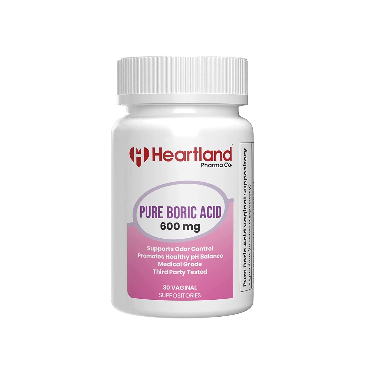 Heartland Pharma boric acid vaginal suppositories packaging highlights discreet, portable storage.