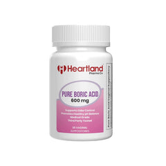 Heartland Pharma boric acid vaginal suppositories packaging highlights discreet, portable storage.
