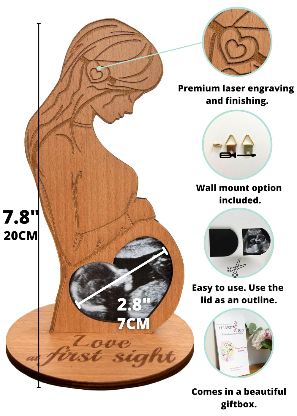 Heart's Sign sonogram frame in laser-engraved wood design.