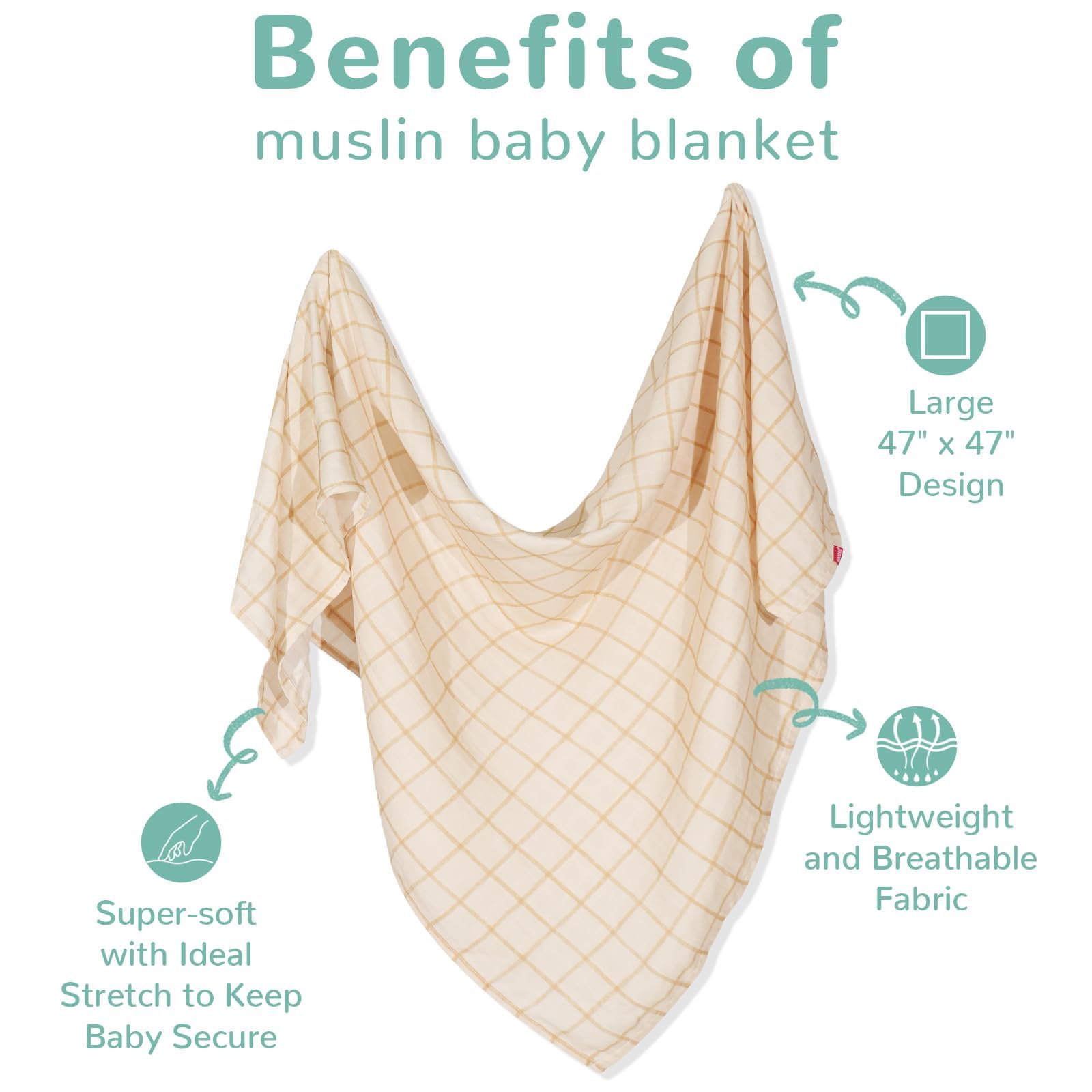 HECCEI oversized 47x47 swaddle shown in use as a wrap.