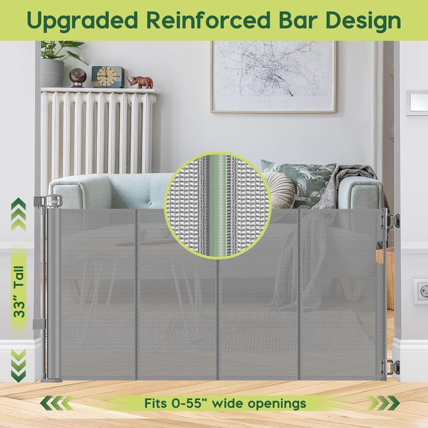 HEELALBABY 33-inch-tall retractable gate demonstrates tall, safe containment for kids and pets.