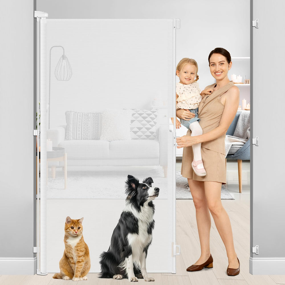 HEELALBABY 72inch extra tall gate in closed position secures doorways for pets.