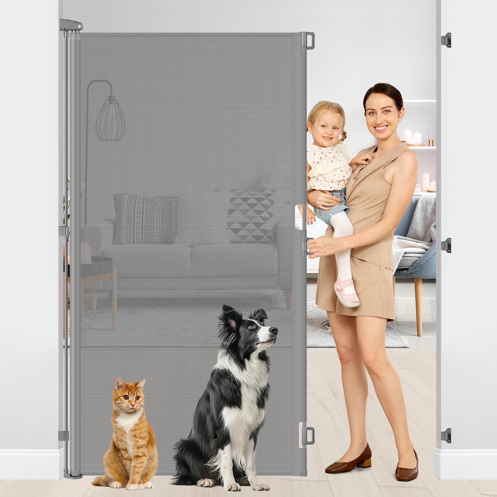 HEELALBABY 72-inch retractable gate in assembled form blocks tall pets and toddlers safely.
